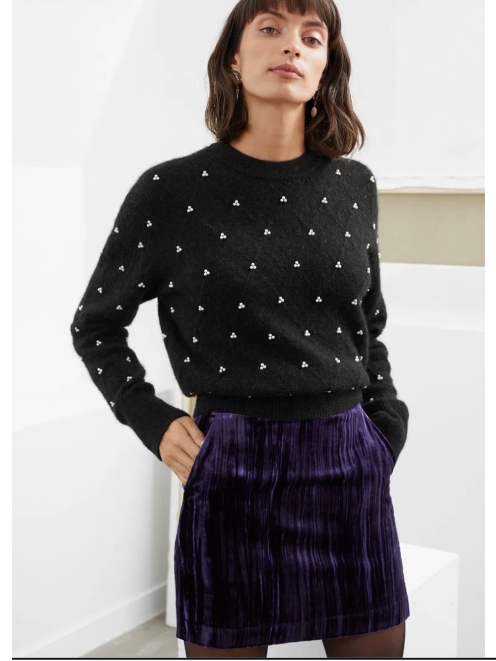 & Other Stories Women’s M Wool Alpaca Black Crewneck Sweater Pearl Embellishment
